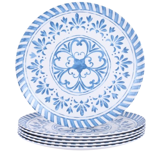 Set of blue-and-white melamine dinner plates featuring a Mediterranean-inspired floral pattern and striped border, lightweight and durable for outdoor dining and summer entertaining.
