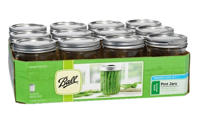 Ball wide mouth pint mason jars with silver lids and bands, ideal for food storage, meal prep, preserving fresh ingredients, or serving drinks and desserts.
