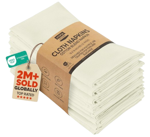 Soft ivory cotton blend cloth napkins in an 18-by-18-inch size, machine washable and designed for everyday dining, outdoor entertaining, or casual gatherings.
