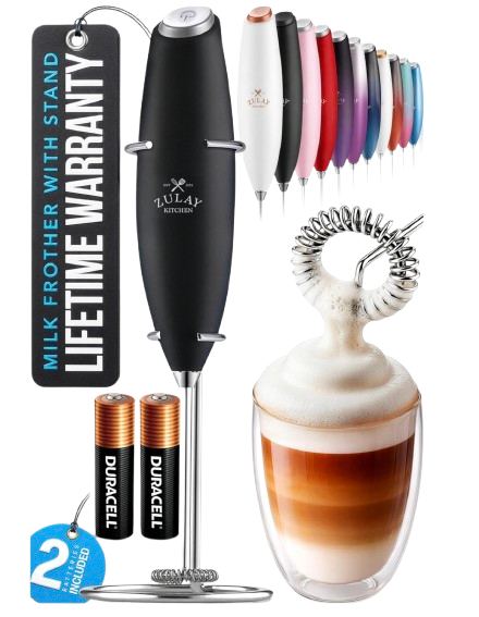 Battery-operated handheld milk frother with stainless steel whisk attachment, designed for making creamy foam for lattes, cappuccinos, matcha, and coffee drinks at home.