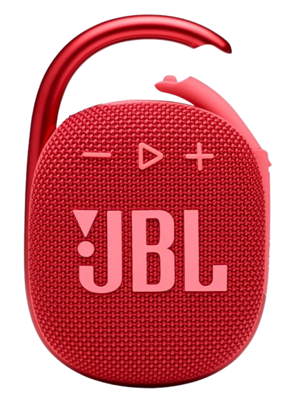 JBL Clip 4 portable waterproof Bluetooth speaker in bright red with integrated carabiner clip and easy-access playback controls.