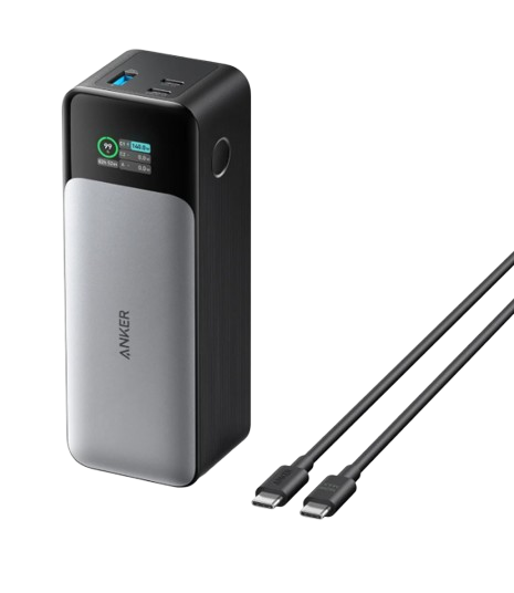 Anker 737 high-capacity portable power bank in silver and black with digital display screen and USB-C charging cable included.