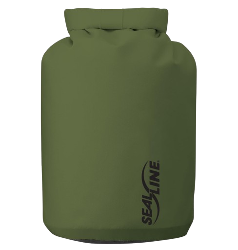 SealLine Baja waterproof dry bag in olive green with roll-top closure designed to keep travel and outdoor gear dry.