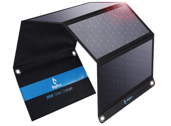 BigBlue 28W foldable solar charger with black waterproof fabric panels, reinforced grommets, and portable compact design for outdoor charging.