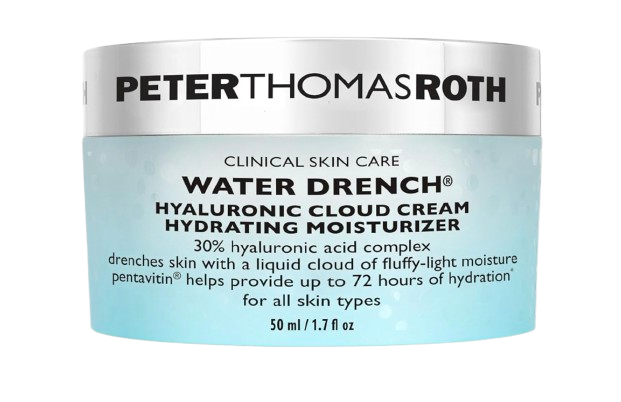 Peter Thomas Roth Water Drench Hyaluronic Cloud Cream moisturizer in a light blue and white jar with hydrating hyaluronic acid complex label.