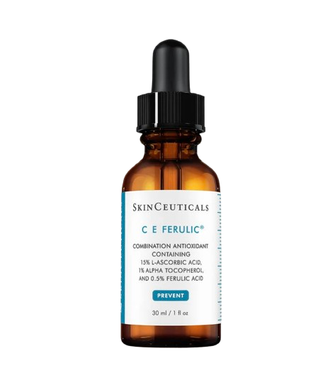 SkinCeuticals C E Ferulic antioxidant vitamin C serum in an amber glass dropper bottle with award-winning skincare badge.
