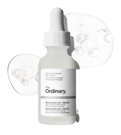 The Ordinary Niacinamide 10% + Zinc 1% serum in a frosted glass dropper bottle with clear gel serum bubbles on a white background.