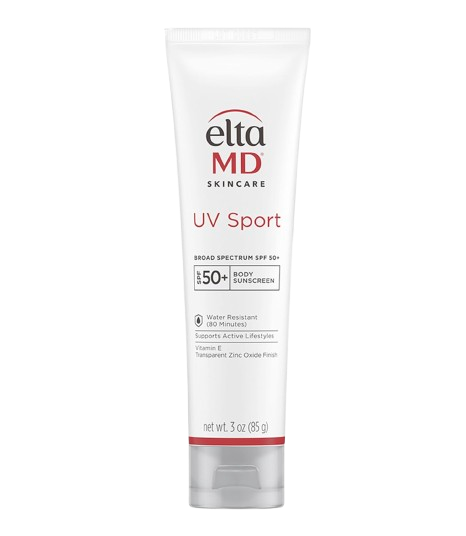EltaMD UV Sport broad-spectrum SPF 50+ body sunscreen in a white squeeze tube with red accents and white sunscreen smear background.