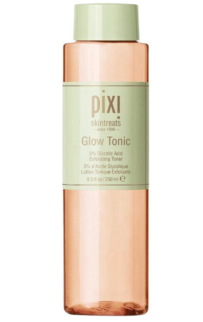 Pixi Glow Tonic exfoliating toner in a peach-toned bottle with pale green cap and label, featuring 5% glycolic acid formula.