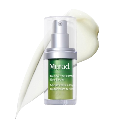Murad Retinol Youth Renewal Eye Serum in a green airless pump bottle with silver cap, shown with white cream swatches on a light background.