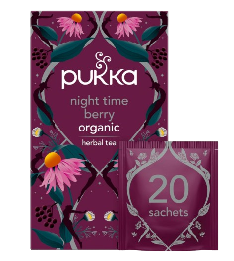 Pukka Night Time Berry organic herbal tea featuring a caffeine-free blend of berries and calming botanicals in individually wrapped sachets.