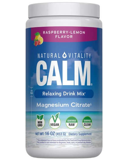 Natural Vitality CALM magnesium citrate powder in raspberry-lemon flavor designed to support relaxation and wellness with a vegan, non-GMO formula.