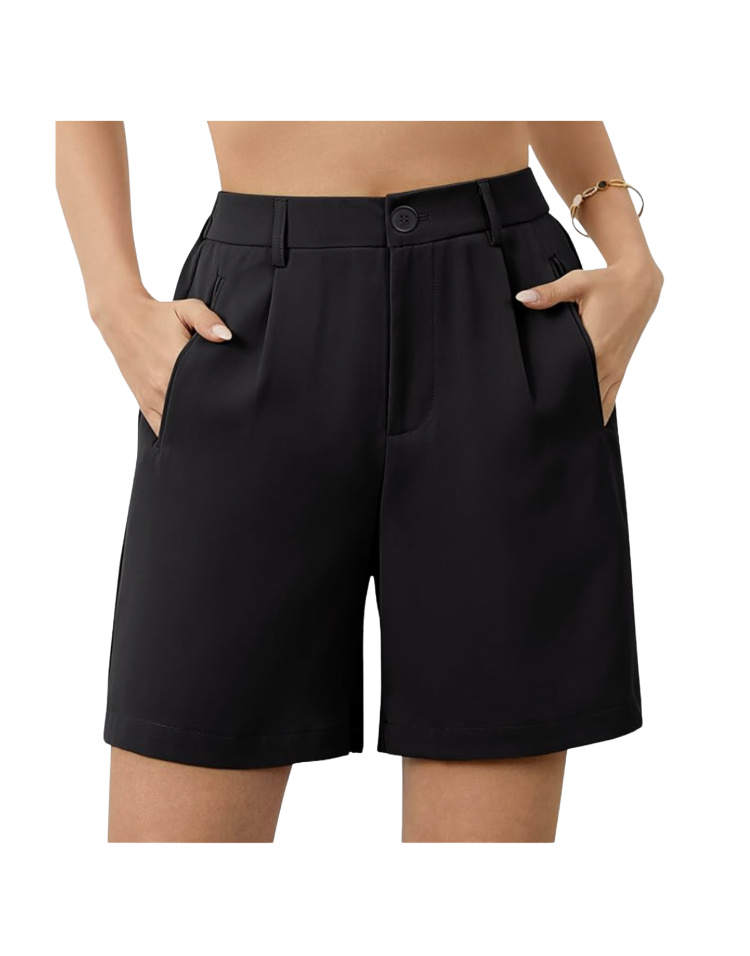 Black tailored mid-thigh-length Bermuda shorts with a flat front, button-and-zip closure, side pockets, and pleated detail — polished pull-on tailored shorts for summer for women over 50.