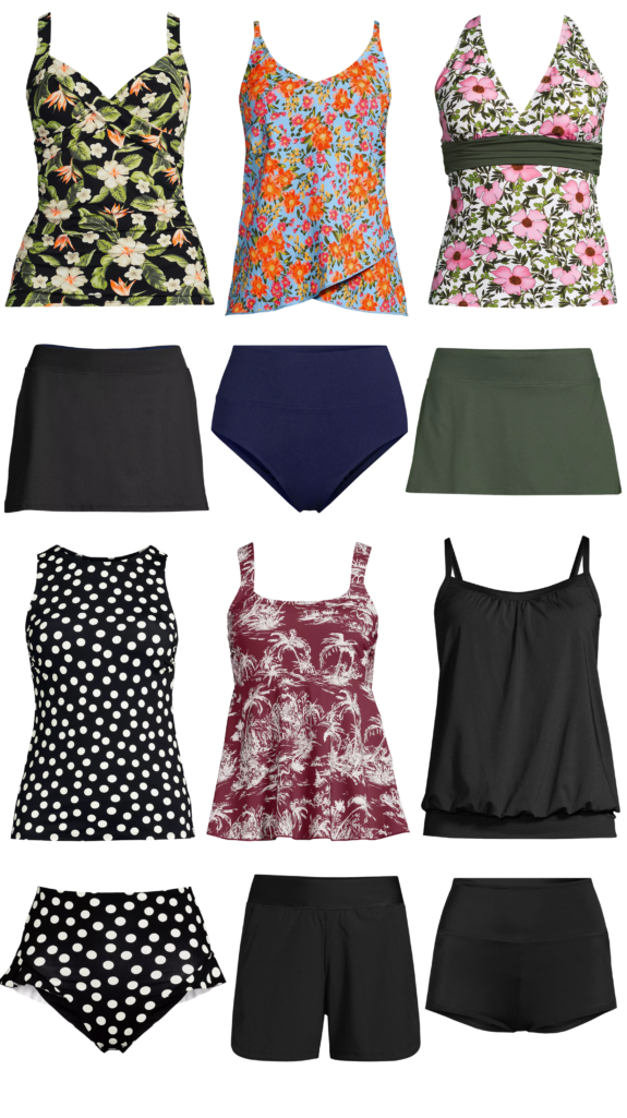 Collage of petite-friendly tankini swimsuit tops and bottoms for women over 50 including tropical floral, orange floral, and pink floral tankini tops with black, navy, and olive swim skirts and bottoms, plus polka dot, burgundy palm print, and black tankini tops with high-waist bottoms, swim shorts, and skirted bottoms — petite tankini swimwear options