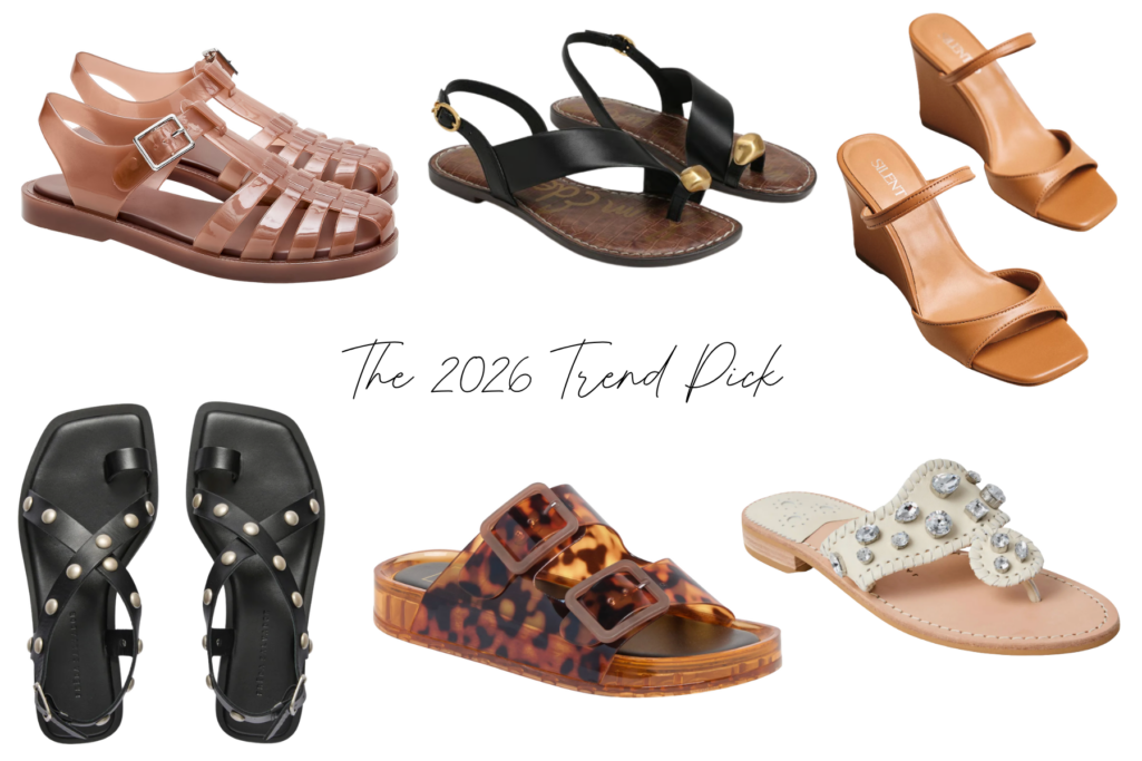 Collage of six trend-forward 2026 summer sandals for women over 50 — a blush jelly fisherman sandal, a black studded toe-ring sandal, a tan square-toe wedge mule, a black studded crisscross toe-ring flat, a tortoise vinyl double-buckle jelly slide, and an ivory jeweled Jack Rogers flip-flop — nostalgic '90s-inspired summer sandal trends.