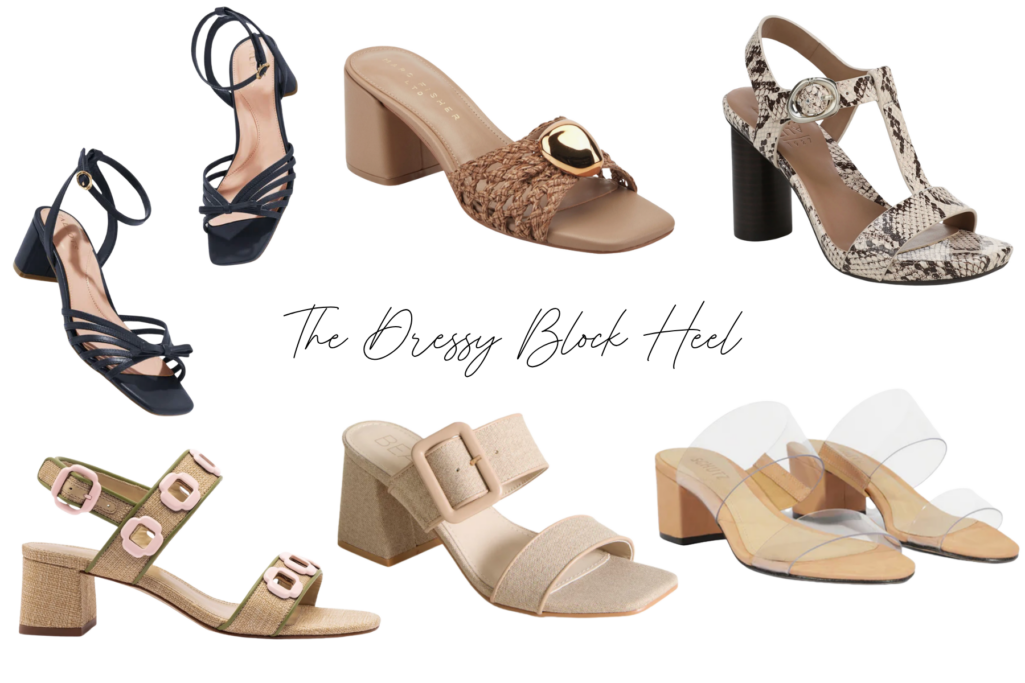 Collage of six dressy block-heel sandals for women over 50 — strappy navy ankle-strap heels, a tan woven raffia slide with gold accent, a snake-print T-strap block heel, a raffia sandal with pink buckle detail, a natural linen buckle block heel, and a clear vinyl strap block heel — elegant block heel sandals for summer occasions.