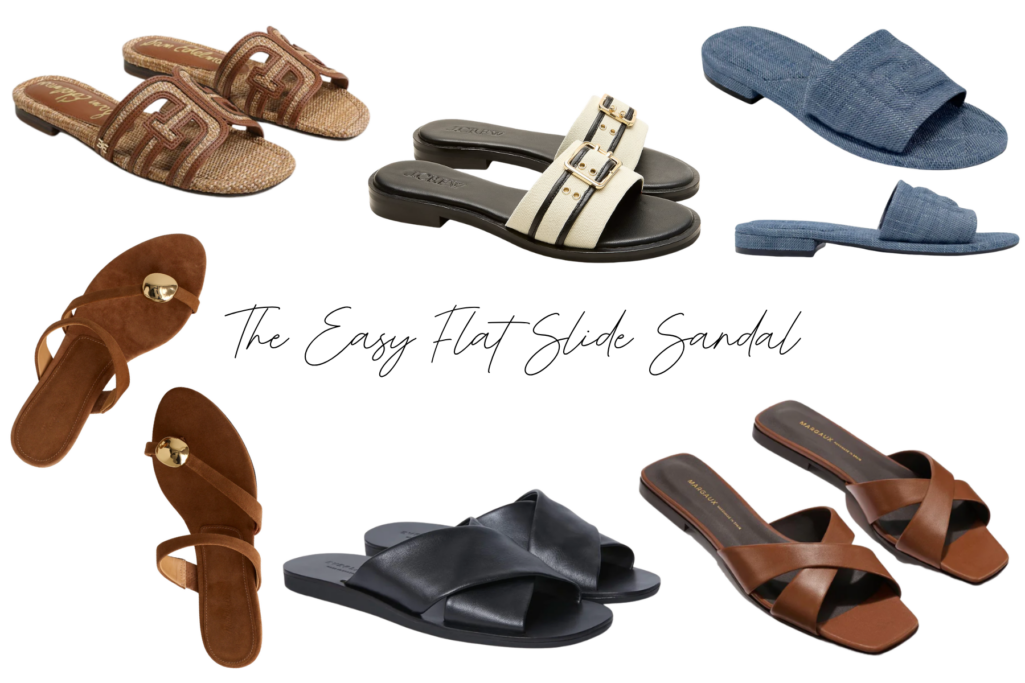 Collage of six easy flat slide sandals for women over 50 — a tan woven Sam Edelman cutout slide, an ivory and black J.Crew belted slide, a blue denim slide, a brown suede toe-strap slide with gold detail, a black leather crossover slide, and a cognac leather crisscross Margaux slide — comfortable slip-on flat summer sandals.