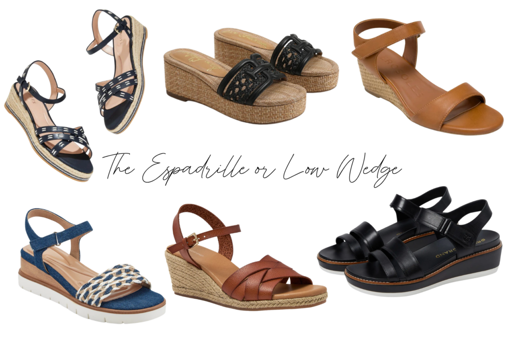 Collage of six espadrille and low wedge sandals for women over 50 — a navy ankle-strap espadrille wedge, a black woven jute platform slide, a tan leather wedge sandal, a denim and rope low wedge, a brown leather espadrille wedge, and a black leather sport wedge sandal — comfortable summer wedge and espadrille sandals.