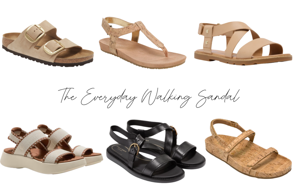 Collage of six everyday walking sandals for women over 50 — a taupe Birkenstock Arizona big-buckle slide, a cork T-strap sandal, a tan crisscross strap sandal, an ivory and tan sporty platform sandal, a black leather strappy sandal with gold buckle, and a cork slingback sandal — supportive comfortable summer walking sandals.