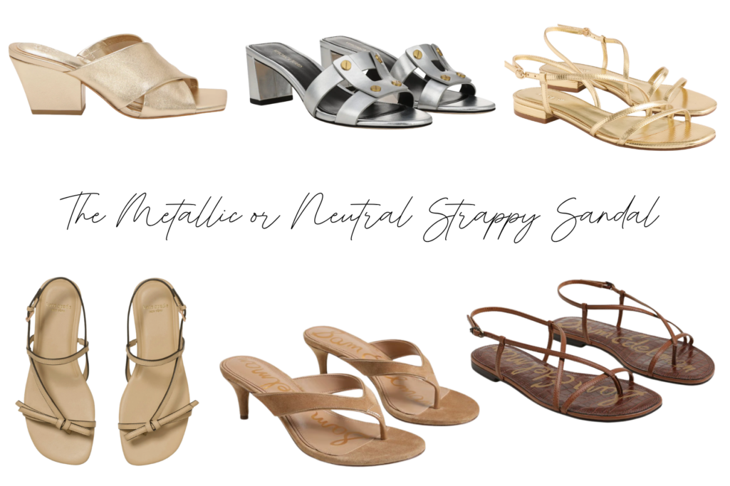Collage of six metallic and neutral strappy sandals for women over 50 — a gold crisscross block-heel mule, a silver studded block-heel slide, a strappy gold flat slingback, a nude knotted strappy flat, a tan suede thong kitten heel, and a cognac strappy flat sandal — versatile gold and neutral strappy summer sandals.
