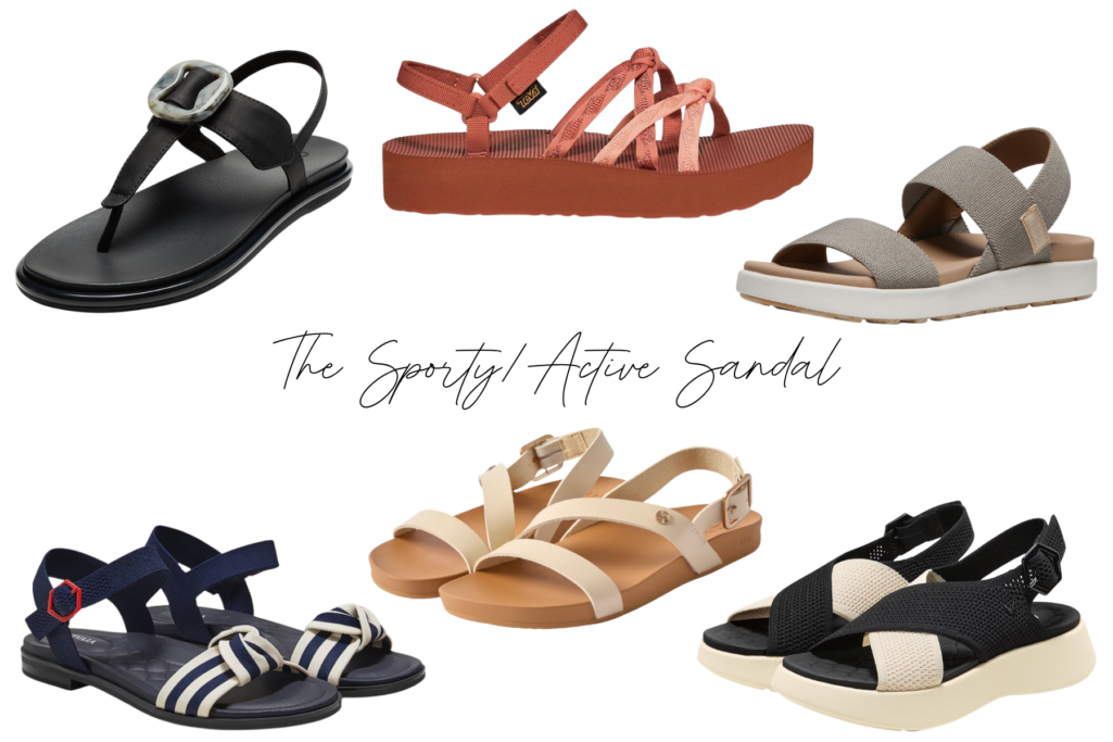 Collage of six sporty active sandals for women over 50 — a black T-strap sandal with marbled buckle, a coral Teva strappy platform sandal, a taupe elastic-strap sport sandal with white sole, a navy and white striped backstrap sandal, a cream double-strap cushioned sandal, and a black and ivory crisscross sport sandal — cushioned washable summer sandals for travel and activity.