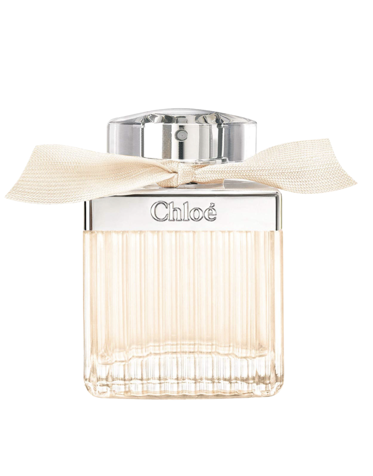 Chloé Eau de Parfum shown in a tall ribbed glass bottle with chrome silver collar and the iconic cream grosgrain ribbon tied around the neck of the bottle, photographed on a white background — a designer fragrance Mother's Day beauty gift available on Amazon for women over 50.