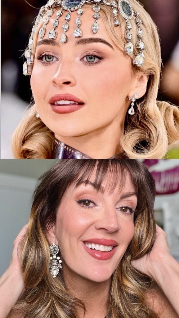 Side-by-side comparison of Sabrina Carpenter's 2026 Met Gala makeup with diamond tiara headpiece on top and makeup artist's recreation on bottom showing matching soft smoky brown eyes, glowing skin, and warm nude rose lips