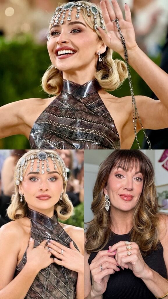 Sabrina Carpenter at the 2026 Met Gala wearing a custom Dior gown made of woven film strips with high halter neckline, diamond Chopard tiara headpiece with cascading gems, soft Old Hollywood waves, and modern Old Hollywood glam makeup with rose lips and smoky brown eyes