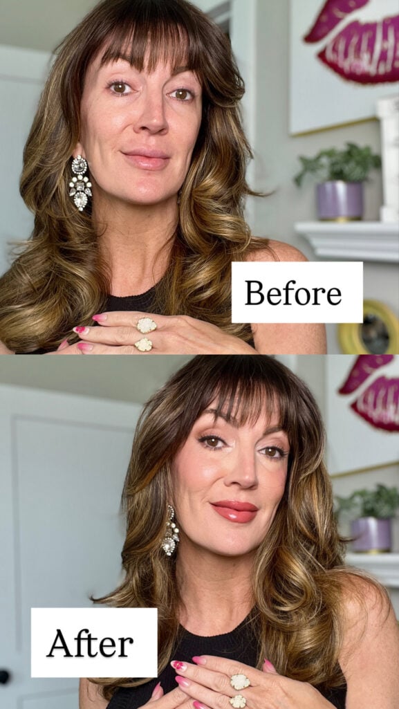Before and after side-by-side comparison showing makeup artist with bare skin on top labeled "Before" and finished Sabrina Carpenter inspired Met Gala glam on bottom labeled "After" featuring luminous foundation, smoky eyes, rosy cheeks, and nude rose lips