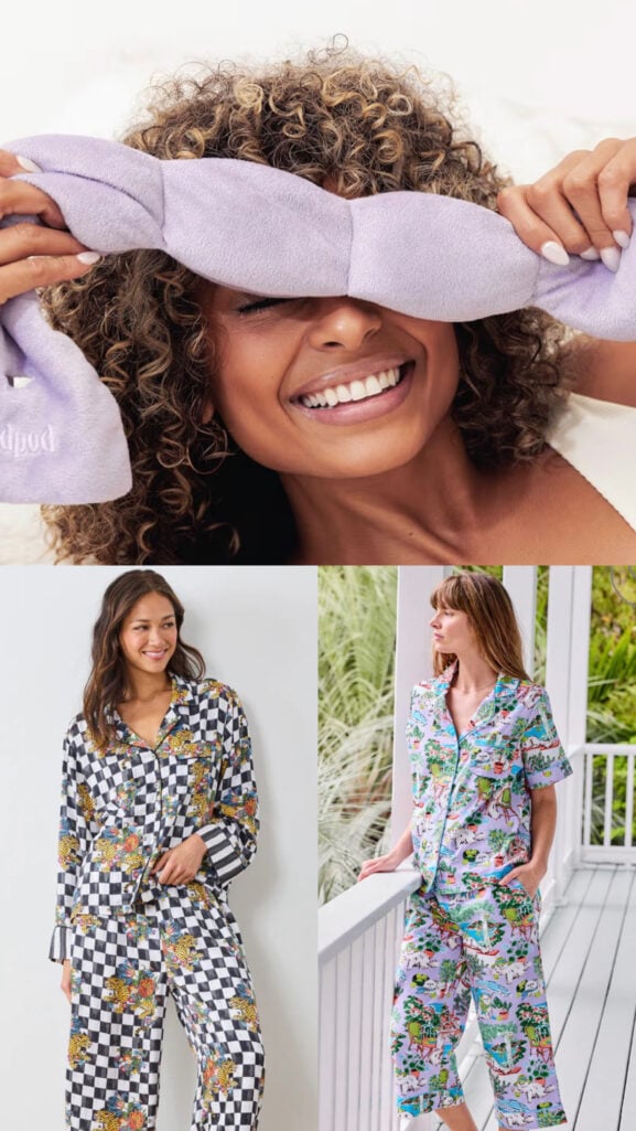 Three-panel collage showing Sleep Nod weighted lavender sleep mask being held up by smiling woman with curly hair (top panel), and two Print Fresh pajama styles — woman in black and white checkered satin pajama set with leopard floral print accents (bottom left) and woman on porch in short sleeve light blue illustrated tropical scene button-front pajama set (bottom right)