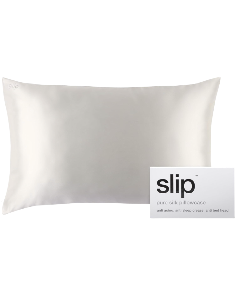 Slip Pure Silk Pillowcase in ivory shown alongside its white branded gift box reading "slip pure silk pillowcase — anti aging, anti sleep crease, anti bed head" on a white background — a luxury silk pillowcase Mother's Day beauty gift available on Amazon for women over 50.