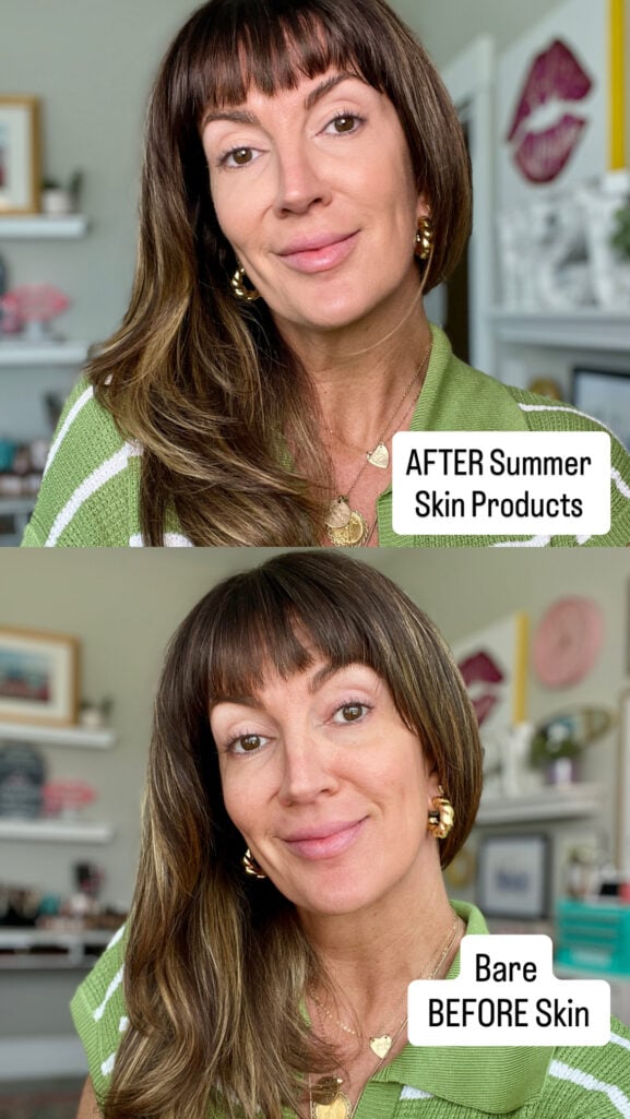 Before-and-after comparison of a woman's face labeled "AFTER Summer Skin Products" on top showing smooth glowy skin and "Bare BEFORE Skin" on bottom showing visible texture, both wearing a green and white striped polo and gold hoop earrings