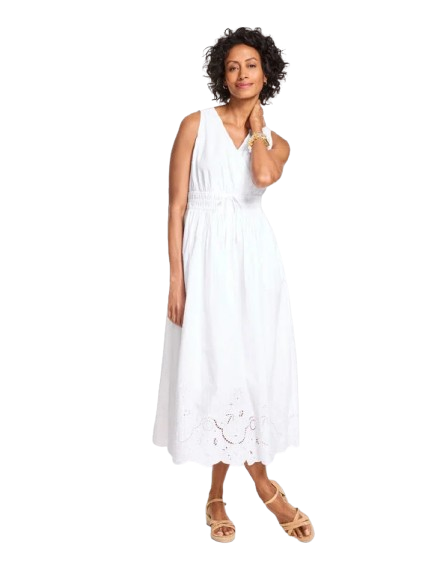 White eyelet fit-and-flare dress for feminine summer outfits over 50.