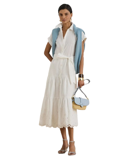 Short sleeve tiered white shirtdress for easy summer style for women over 50.