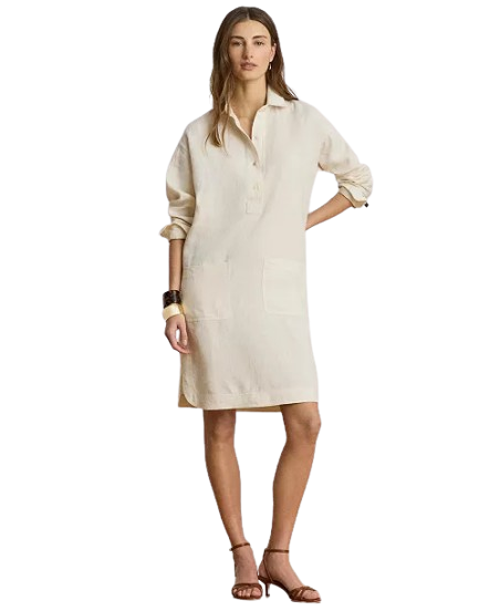 Cream linen spread collar shirtdress as a soft alternative to white dresses after 50.