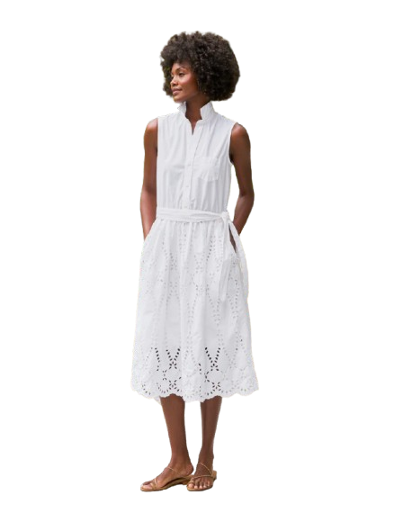 Sleeveless white eyelet midi dress on sale for chic summer outfits over 50.