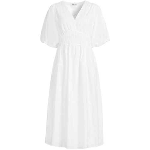 Puff sleeve smocked waist white dress with feminine summer style details.