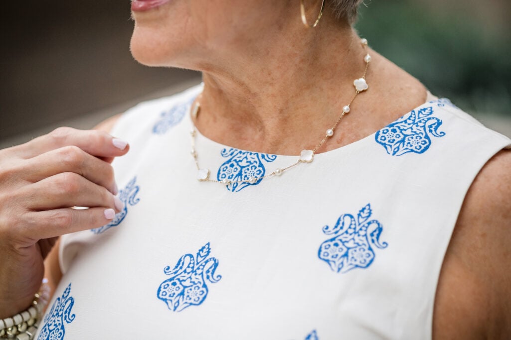 Beth wearing a Mother of Pearl Necklace