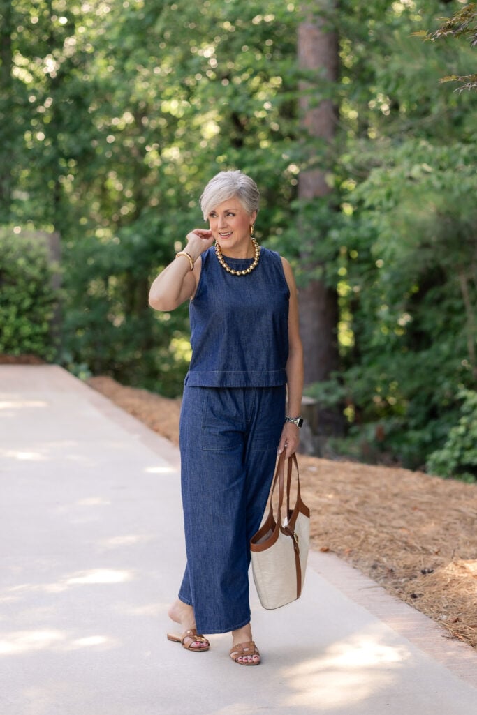Beth Djalali from Style at a Certain Age wearing a polished summer outfit from Eileen Fisher with breathable fabrics