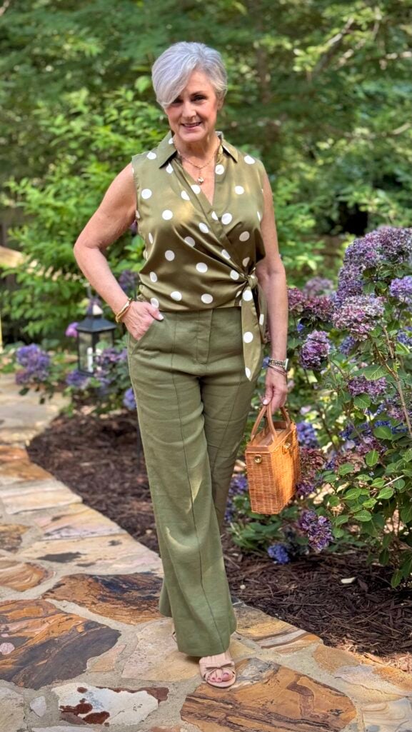 Olive tie-waist polka dot top styled with white trousers