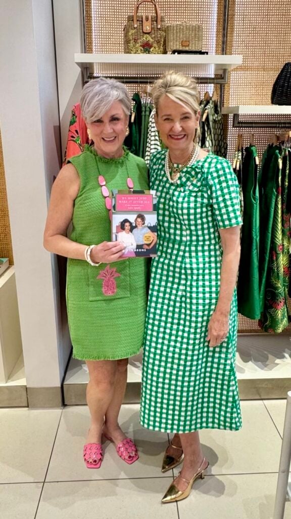 Beth Djalali and Elyce Arons smiling at Frances Valentine in colorful green summer dresses