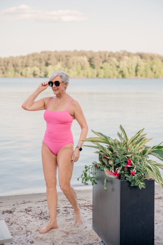 Beth from Style at a Certain Age wearing a La Blanca one piece swimsuit