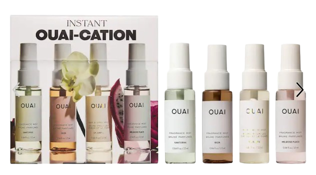 OUAI fragrance mist discovery set featuring four mini hair and body sprays inspired by St. Barts, Ibiza, Santorini, and Melrose Place, each with a unique vacation-inspired scent profile.