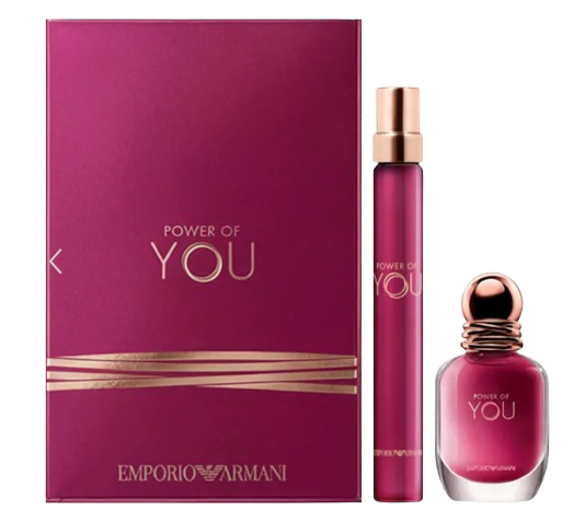 Armani Beauty Power of You fragrance gift set featuring a mini Eau de Parfum bottle and matching travel spray in vibrant berry-colored packaging.