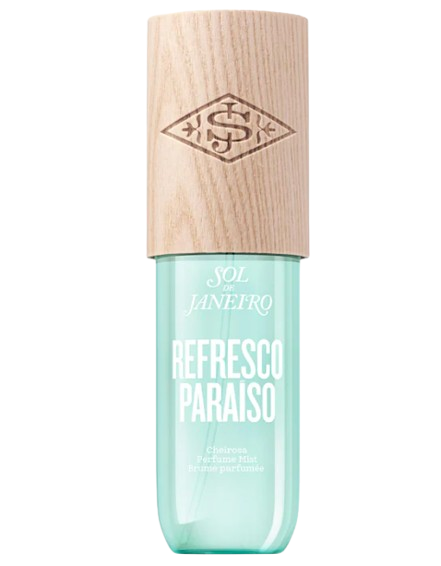 Sol de Janeiro Refresco Paraíso hair and body fragrance mist in a turquoise bottle with a wood-look cap, designed to leave skin and hair lightly scented with a tropical-inspired fragrance.