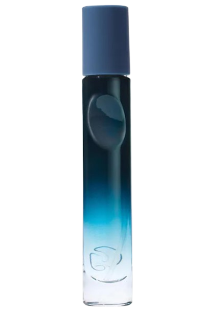 Glossier You Soie Eau de Parfum travel spray in a slim ombré blue-to-clear bottle, offering a soft, skin-like fragrance in a purse-friendly size.