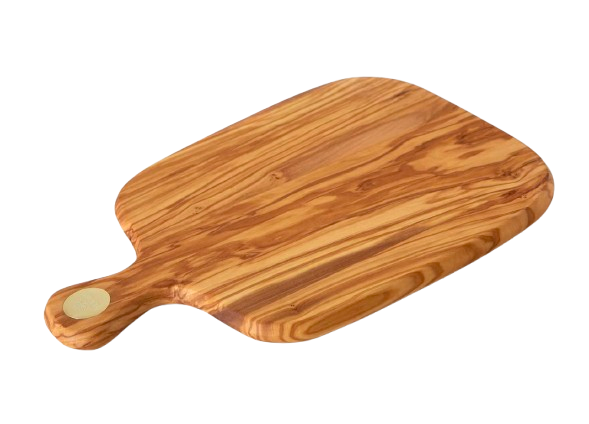 Large handcrafted olive wood serving board with rich natural grain patterns and a convenient handle, perfect for charcuterie, appetizers, bread, or serving cheeses.