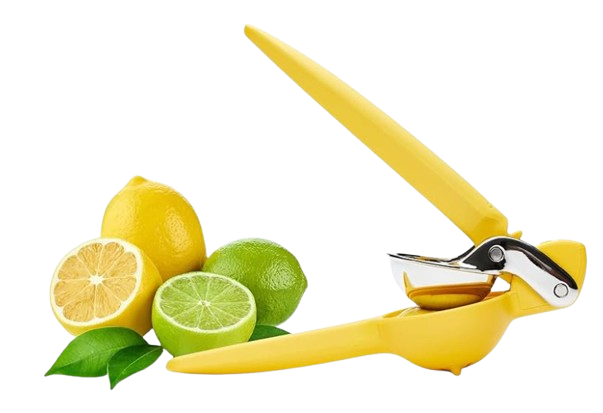 Bright yellow handheld citrus squeezer shown with fresh lemons and limes, designed for quickly extracting juice for cocktails, lemonade, and citrus drinks.