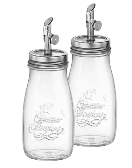 Set of two clear embossed glass cruets with stainless steel pour spouts, ideal for storing and serving olive oil, vinegar, dressings, or infused oils.