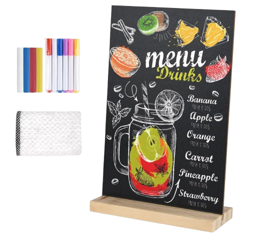 Reusable tabletop chalkboard menu sign with colorful drink illustrations, wooden base, chalk markers, and eraser cloth for displaying party beverages and cocktails.
